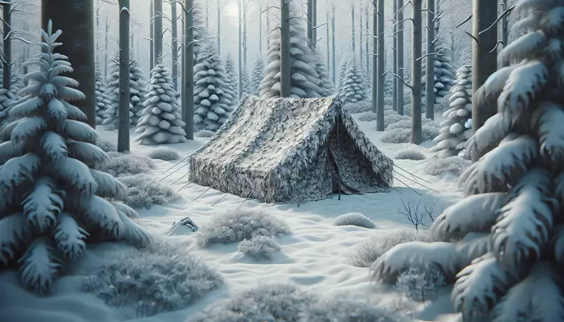 A tent camouflaged for winter
