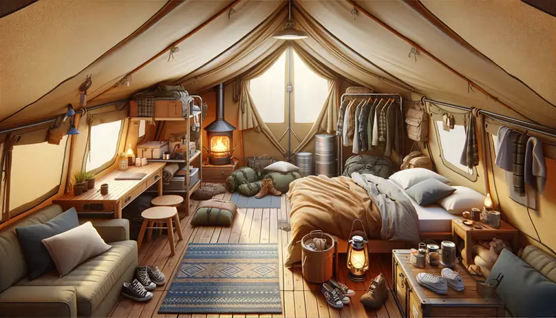 Live in a Tent For a Long Term - 01 A well-organized tent interior with basic amenities and cozy bedding