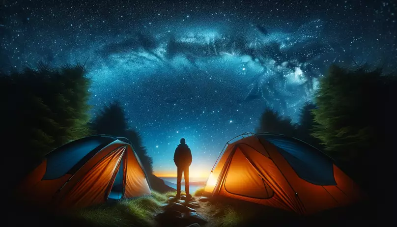 Person gazing at a starry sky from their tent entrance connecting with nature