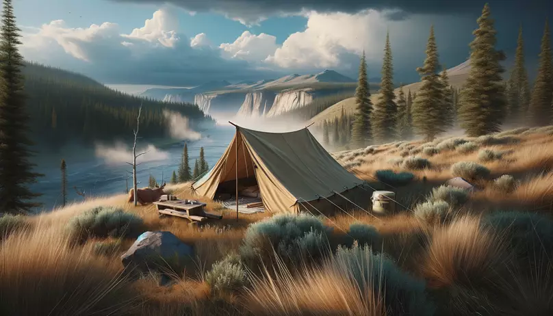 A canvas tent set up in a natural landscape