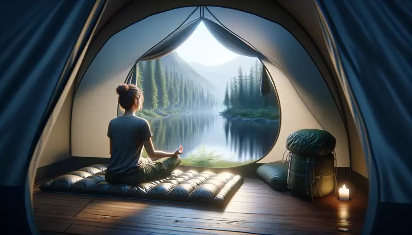 A person meditating peacefully in their tent